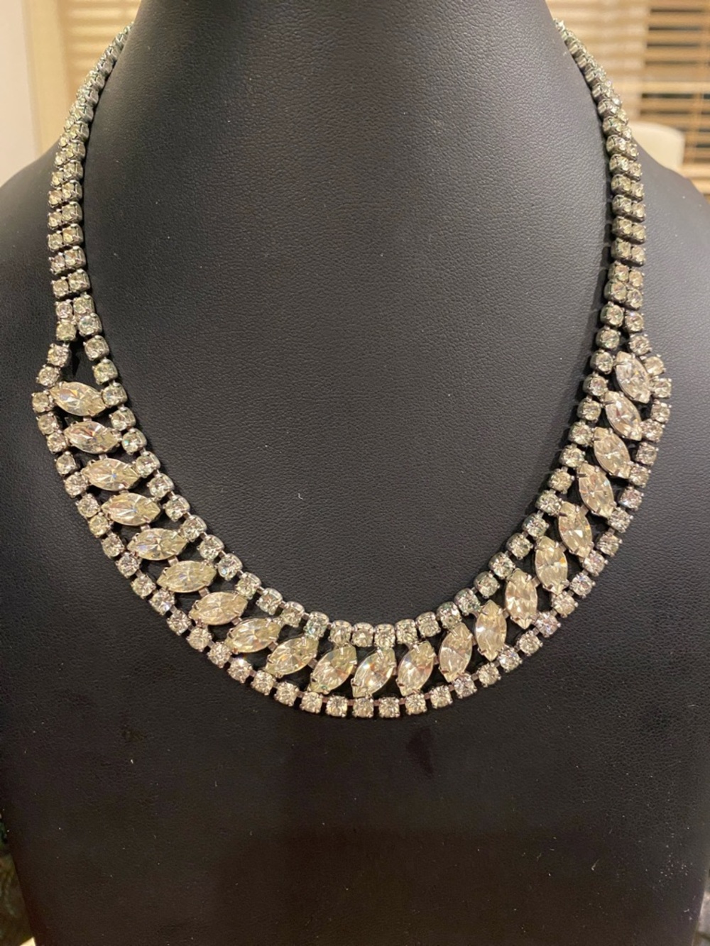 Vintage Silver Marquise and Round Crystal Necklace